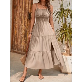 Elegant Mint Green Ruched Spaghetti Strap Maxi Dress for Women - Sleeveless, Cinched Waist, Flowy Vacation Style, Perfect for Spring/Summer, Spaghetti Suspender Dress