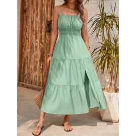 Elegant Mint Green Ruched Spaghetti Strap Maxi Dress for Women - Sleeveless, Cinched Waist, Flowy Vacation Style, Perfect for Spring/Summer, Spaghetti Suspender Dress