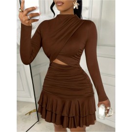 Bodycon Wrap Dress Long Sleeve, Women'S Round Neck Pleated Print Dress, Burgundy Clubwear Cocktail Dress