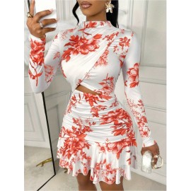 Bodycon Wrap Dress Long Sleeve, Women'S Round Neck Pleated Print Dress, Burgundy Clubwear Cocktail Dress