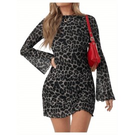 Women's Slim-Fit Leopard Print Mini Dress - Short Bell Sleeve & Double-Layer Flare Party Dress, Night Out Dress, Daily Wear Dress - Machine Washable Round Neck Short Length for all-Season (No Bulk Added)