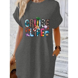 Women's Tropical Vacation Dress - Dark Grey T-Shirt Dress with Cruise Life Graphic, Short Sleeve Beach Outfit, Machine Washable Casual Summer Dress for Women, Beach Dress, Spring Fashion, Relaxed Fit, Comfortable Fabric, Travel Essentials, Holiday Outfit, Lightweight Material, Women's Fashion