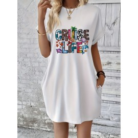 Women's Tropical Vacation Dress - Dark Grey T-Shirt Dress with Cruise Life Graphic, Short Sleeve Beach Outfit, Machine Washable Casual Summer Dress for Women, Beach Dress, Spring Fashion, Relaxed Fit, Comfortable Fabric, Travel Essentials, Holiday Outfit, Lightweight Material, Women's Fashion