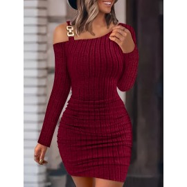 Women's Elegant Off-Shoulder Bodycon Dress - High Elasticity Stretch Fabric, Mid-Length Long Sleeve, Deep Red Solid Color, Machine Washable for Fall/Winter