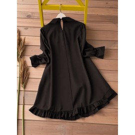 Women's Elegant Black -Line Dress with Collar & Ruffled Short Sleeves - Fitted Waist Short Length (bove Knee) Long Dress, Machine Washable -Season Formal/Casual Wear, Bow Tie Closure - Tailored for Weddings & Office ttire, Black Dresses For Women, Long Sleeve Dresses For Women, Dresses For Women Elegant Classy, Black Dresses For Women Elegant Classy, Fall Dresses For Women, High Neck Dress For Women, Blouse For Women, Party Dresses For Women, Dresses For Women Winter, Dresses