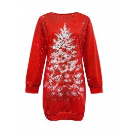 Women'S Red Sweatshirt Dress with Christmas Tree Print | Round Neck, Long Sleeve, Fashionable Commute, Autumn/Winter Holiday Party Streetwear, Eye-Catching Lightweight Crew Neck Sweatshirt Dress