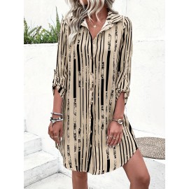 Striped Print Front Button Dress | Vintage 3/4 Sleeve Loose Shirt Dress, Elegant Lapel Collar, Suitable for Spring and Autumn, Women'S Clothing