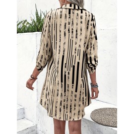 Striped Print Front Button Dress | Vintage 3/4 Sleeve Loose Shirt Dress, Elegant Lapel Collar, Suitable for Spring and Autumn, Women'S Clothing