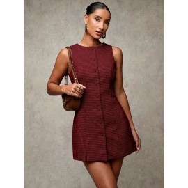 Women'S Elegant Plaid Sleeveless Dress with Front Buttons, Round Neck, Short Casual Style for Office, Formal Events, Daily Wear, Autumn and Winter Wear, Casual Event Dress | Checkered Pattern Dress | Polyester Fabri