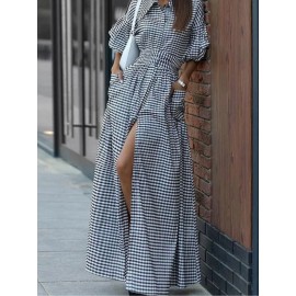 Women's Christmas Green & Red Plaid A-Line Shirt Dress - 3/4 Sleeve Maxi Dress Suitable for Year-Round Wear, Holiday Parties & Everyday Outfits - Retro Style Button-Front Dress