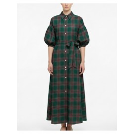 Women's Christmas Green & Red Plaid A-Line Shirt Dress - 3/4 Sleeve Maxi Dress Suitable for Year-Round Wear, Holiday Parties & Everyday Outfits - Retro Style Button-Front Dress