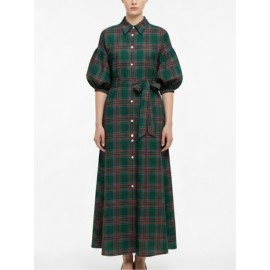 Women's Christmas Green & Red Plaid A-Line Shirt Dress - 3/4 Sleeve Maxi Dress Suitable for Year-Round Wear, Holiday Parties & Everyday Outfits - Retro Style Button-Front Dress
