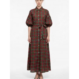 Women's Christmas Green & Red Plaid A-Line Shirt Dress - 3/4 Sleeve Maxi Dress Suitable for Year-Round Wear, Holiday Parties & Everyday Outfits - Retro Style Button-Front Dress