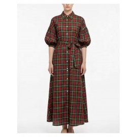 Women's Christmas Green & Red Plaid A-Line Shirt Dress - 3/4 Sleeve Maxi Dress Suitable for Year-Round Wear, Holiday Parties & Everyday Outfits - Retro Style Button-Front Dress