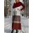 Women's Red Retro Geometric Stripe Patchwork Dress - Long Sleeve Round Neck High Waisted Winter Dress with Red/neutral tones, Machine Washable Party Wedding New Year's Eve Gala Attire