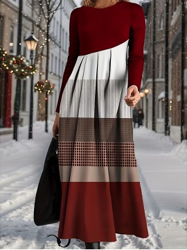Women's Red Retro Geometric Stripe Patchwork Dress - Long Sleeve Round Neck High Waisted Winter Dress with Red/neutral tones, Machine Washable Party Wedding New Year's Eve Gala Attire