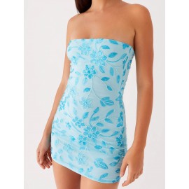 Women's Sexy Red Beaded Floral Off-Shoulder Bodycon Mini Dress - Sparkly Sequin Sleeveless Open Back Tube Top, Summer Party & Night Out Dress, Machine Washable