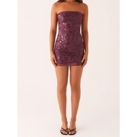 Women's Sexy Red Beaded Floral Off-Shoulder Bodycon Mini Dress - Sparkly Sequin Sleeveless Open Back Tube Top, Summer Party & Night Out Dress, Machine Washable