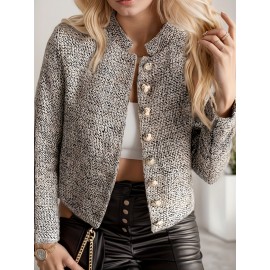New Lightweight Polyester Elegant Women'S Chic Tweed Blazer - Long Sleeve, Button Front, Non-Sheer, Solid Color Jacket For Work & Casual, Elegant Tweed Blazer