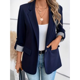 Women's Elegant Solid Black/White Lapel Blazer Jacket - Structured X-Line Single-Button Closure Work Suit Coat with Fake Pockets, Machine Washable Professional Office & Commuter Attire, Year-Round Tailored Outerwear