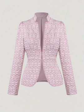 Women'S Elegant Pink Jacquard Coat - Chic Office to Party Outfit, All-Season Formal & Casual Outerwear, Button Front Closure, Structured Fit for Christmas, New Year, Everyday Special Events - Women'S Fashion Coat, Christmas Attire