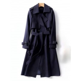 Women's British Style Medium-Length & Long Trench Coat - Knee-Length Button-Front Closure Coat with Wrinkle Detailing, Loose Fit All-Season Outerwear (Machine Washable) for, Casual & Smart-Casual Attire
