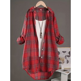 [Casual Plaid Shirt] Women's Casual Plaid Shirt - Thick Non-Stretch Fabric, Loose Fit Mid-Length Collar Single-Breasted Checkered Pattern, Machine Washable All-Season Top for Casual &, Formal Outfits, Versatile Clothing, Classic Design, Durable Material, Stylish Blouse