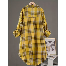 [Casual Plaid Shirt] Women's Casual Plaid Shirt - Thick Non-Stretch Fabric, Loose Fit Mid-Length Collar Single-Breasted Checkered Pattern, Machine Washable All-Season Top for Casual &, Formal Outfits, Versatile Clothing, Classic Design, Durable Material, Stylish Blouse