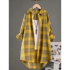 [Casual Plaid Shirt] Women's Casual Plaid Shirt - Thick Non-Stretch Fabric, Loose Fit Mid-Length Collar Single-Breasted Checkered Pattern, Machine Washable All-Season Top for Casual &, Formal Outfits, Versatile Clothing, Classic Design, Durable Material, Stylish Blouse