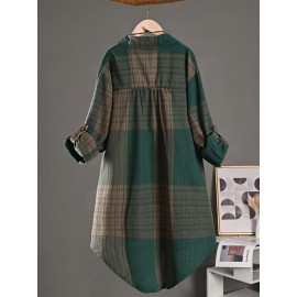 [Stylish Retro Shirt] Stylish Retro Striped Plaid Long Shirt for Women | New Casual Loose Long Sleeve Blouse