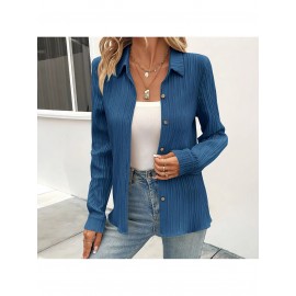 Women's Slim-Fit Lapel Collar Long Sleeve Shirt Jacket - Solid Blue (Navy/Turquoise/Lavender/Dark Brown) Button-Front Blazer, Wrinkle-Resistant & Machine Washable, Elegant Casual to Professional Wear for Spring/Autumn, Versatile to