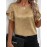 [Elegant Blouse] Elegant Golden Foil Women's Blouse | Round Neck Short Sleeve Summer Shirt, Machine Washable Solid Color Top for Casual & Formal Occasions, Ruched Shoulder Design, Lightweight Fabric