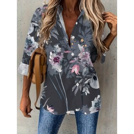 Women'S Plus-Size Elegant Asian-Inspired Floral Print Long-Sleeve Lapel Collar Blouse - Soft Breathable Fabric, Waist-Cinching & Button-Up Top with Umbrella Hem, All-Season Casual & Formal Shirt in Deep Gray Tones (Pink/White/Black) - Perfect Christ
