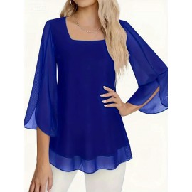 Women's Elegant Royal Blue Blouse - Non-See-Through Chic Chic Office to Party Top, Machine Washable Chiffon Shirt for Women Q293, Summer Wardrobe Essential, Flared Sleeves, Stylish Detailing, Fashionable Top, Trendy Outfit