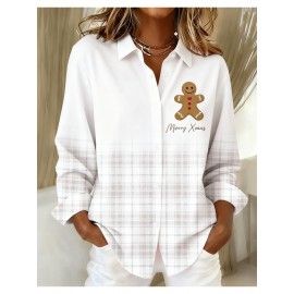 Women's Vintage Plaid Button- Shirt - Ruffle Collar Blouse, Loose Fit Casual Long Sleeve Top with Plaid Patterns (///Navy), Machine Washable for Autumn Winter Office & Casual Attire