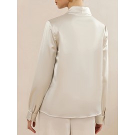 [Solid Color Versatile] Elegant Women's Long Sleeve Blouse - Soft Wrinkle-Resistant, Button-Front, Round Neck & Collar, All-Season Office Shirt