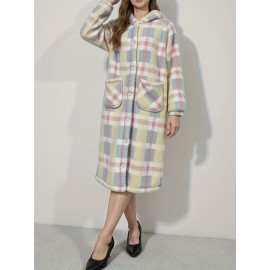 Women'S Heavyweight Fleece Hooded Coat with Plaid Pattern (Pink/) - Thick Winter Warmth, Full-Zip Front Closure, Long Length for Outdoor & Indoor Use, Cozy Insulated Jacket with Pockets, Elegant Cold Weather Outerwear, Winter Coats for Women