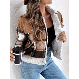 Vintage Corduroy Jacket with Faux Trim - Plaid Lapel Collar Short Coat, Workwear Lapel Pocket & Button Closure, Machine Washable Winter Outerwear (Brown/Beige) - Casual to Smart Casual Coat