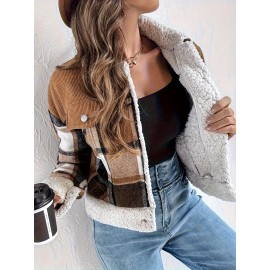 Vintage Corduroy Jacket with Faux Trim - Plaid Lapel Collar Short Coat, Workwear Lapel Pocket & Button Closure, Machine Washable Winter Outerwear (Brown/Beige) - Casual to Smart Casual Coat