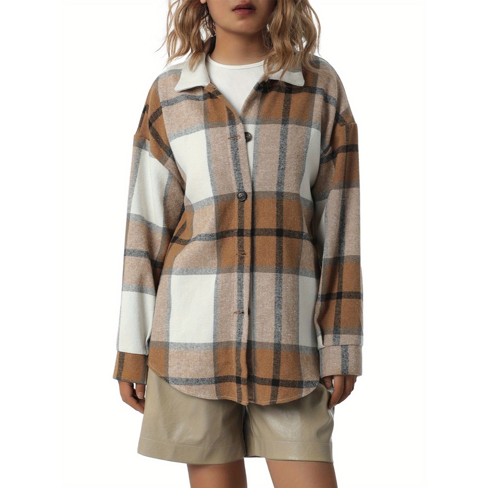 Women'S Button Plaid Print Shirt Jacket Casual Long Sleeve Lapel Loose Coat Going Out Jacket Outwear, Casual Wear, Summer Coat