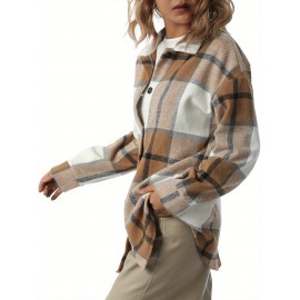 Women'S Button Plaid Print Shirt Jacket Casual Long Sleeve Lapel Loose Coat Going Out Jacket Outwear, Casual Wear, Summer Coat