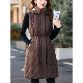 Women'S Mid-Length Hooded Vest in a Warm Design, Perfect for Autumn And Winter, Featuring a Loose Fit And Korean Style.