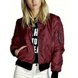Women'S Classic Bomber Jacket Long Sleeve Stand Collar Zip Up Jacket Loose Fall Outwear