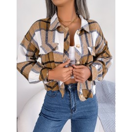 Women's Elegant Structured Jacket - Plaid Checkered Coat (Red/White/Tan) with Classic Collar & Chest Pocket Button Closure, Machine Washable Long Sleeve Blazer for Office, Casual or Formal Wear - Spring/Autumn Outerwear