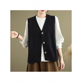 Women's Sleeveless H-Line Regular Fit Jacket - Solid Color Round Neck Winter Coat with Zipper Front Closure, Casual to Semi-Formal Outerwear for Fall & Winter Layering (Blouses/C Dresses under Jacket)