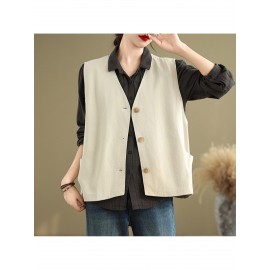 Women's Sleeveless H-Line Regular Fit Jacket - Solid Color Round Neck Winter Coat with Zipper Front Closure, Casual to Semi-Formal Outerwear for Fall & Winter Layering (Blouses/C Dresses under Jacket)