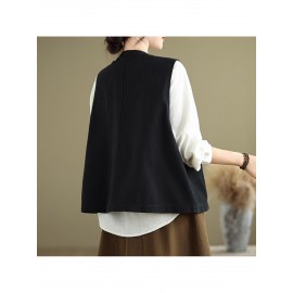 Women's Sleeveless H-Line Regular Fit Jacket - Solid Color Round Neck Winter Coat with Zipper Front Closure, Casual to Semi-Formal Outerwear for Fall & Winter Layering (Blouses/C Dresses under Jacket)