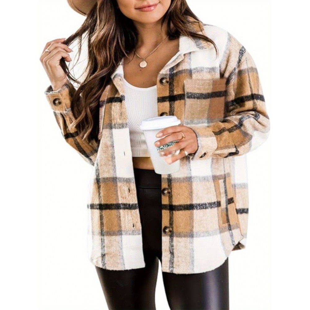 [Plaid Shacket] Plaid Shacket - Women's Long Sleeve Button Overshirt W/ Mid-Weight Warmth | Fall Layering Staple For Work, Weekend & Date Nights