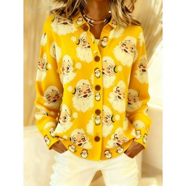 Women's Lapel Button Front Cardigan Jacket with Santa Claus & Christmas Prints - Warm Winter Coat for Christmas Parties, Lapel Collar Outerwear, Machine Washable Blazer (Autumn/Winter), 2D Flat