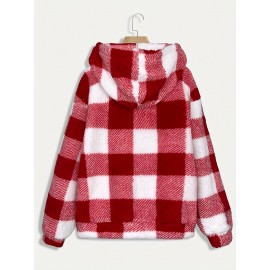 Women'S Plaid Fleece Coat - Mustard-Yellow & Checkered Winter Warmth, Soft Plush Jacket with Full-Zip Front Closure, Cozy Casual Outerwear for Fall & Winter, Winter Clothing, Fall Fashion, Stylish Outerwear, Fashion Lovers